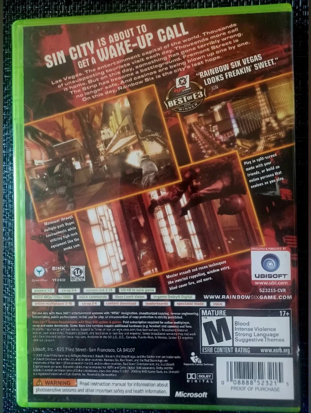 Tom Clancy's Rainbow Six Vegas Xbox 360 - Black & Orange Cover